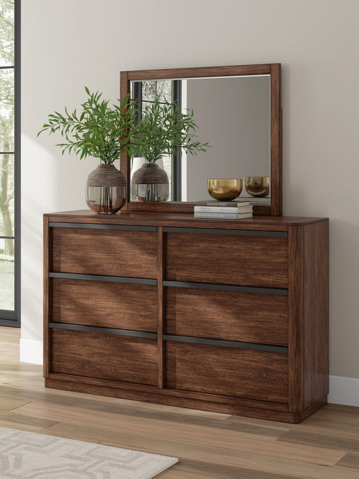 Ashley Furniture Dilenno bedroom set with a bed, dresser, and nightstands in a modern wood finish.
