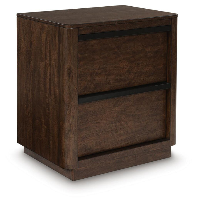 Ashley Furniture Dilenno Bedroom Set with a modern bed frame, nightstands, and matching dresser in a stylish bedroom setting.