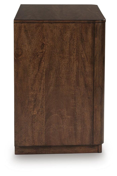 Ashley Furniture Dilenno bedroom set with a bed, nightstand, and dresser in a modern, stylish bedroom setup.