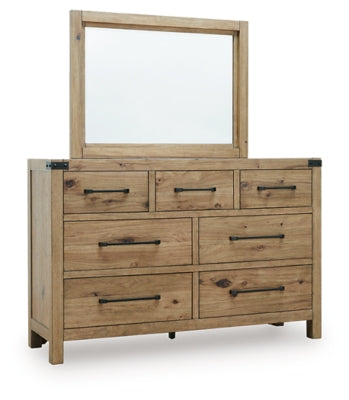 Ashley Furniture Ridgester dresser with matching mirror, featuring a sleek wood finish and modern design.