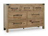 Ashley Furniture Ridgester dresser and mirror set, featuring a sleek wood dresser with a matching mirror, angled view.