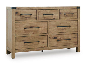 Ashley Furniture Ridgester dresser and mirror set, featuring a sleek wood dresser with a matching mirror, angled view.