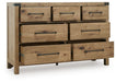 Ashley Furniture Ridgester dresser and mirror set with a wooden dresser and matching mirror, shown from an angled open view.
