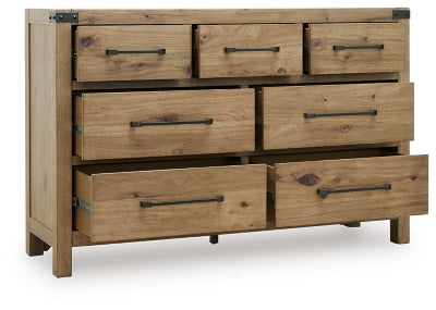 Ashley Furniture Ridgester dresser and mirror set with a wooden dresser and matching mirror, shown from an angled open view.