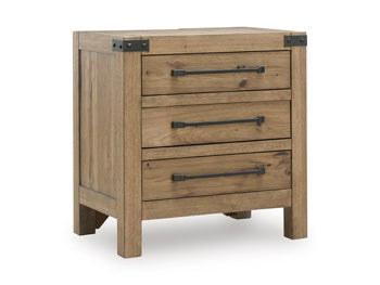 Ashley Furniture Ridgester nightstand with a dark wood finish, featuring a single drawer and open shelf for bedroom storage.