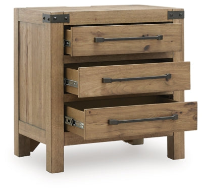 Ashley Furniture Ridgester nightstand with open drawer and angled view, featuring a wood finish and sleek design.