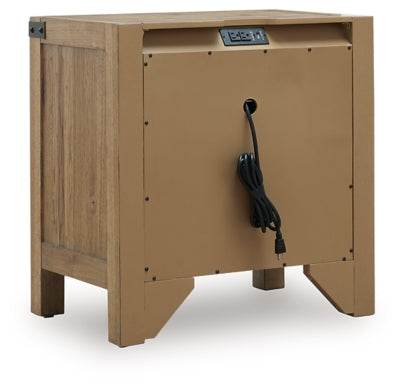 Ashley Furniture Ridgester nightstand with a dark wood finish and modern design, featuring a single drawer and open shelf.