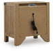 Ashley Furniture Ridgester nightstand with a dark wood finish and modern design, featuring a single drawer and open shelf.