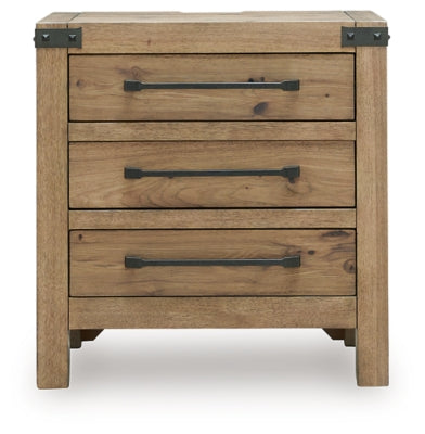 Ashley Furniture Ridgester nightstand with a dark wood finish and modern design, featuring a drawer and open shelf for storage.