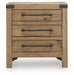 Ashley Furniture Ridgester nightstand with a dark wood finish and modern design, featuring a drawer and open shelf for storage.