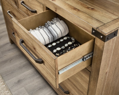 Ashley Furniture Ridgester dresser and mirror set with a wooden finish, featuring multiple drawers and a matching mirror.