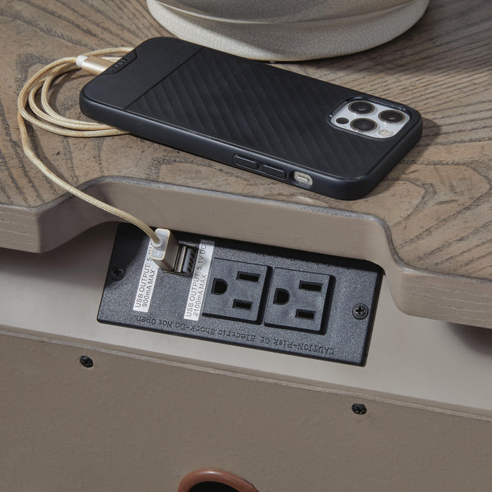 Ashley Furniture Ardenfield nightstand with USB ports, dark wood finish, and modern design, featuring a drawer and open storage shelf.