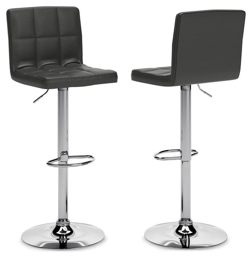 Ashley Furniture Bellatier adjustable height barstool with a sleek design and wooden legs, perfect for modern kitchen or bar areas.