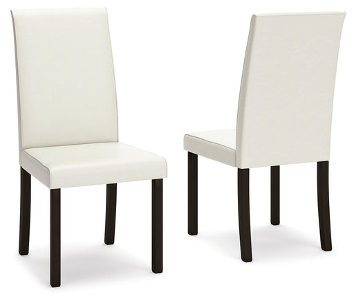 Ashley Furniture Kimonte dining chair with beige upholstery and dark wood legs, showcasing a modern design.