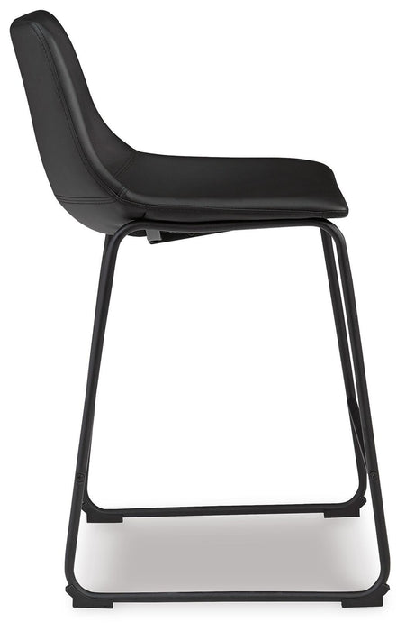 Ashley Furniture Centiar counter height bar stool with wooden legs and a cushioned seat, shown from the side view.