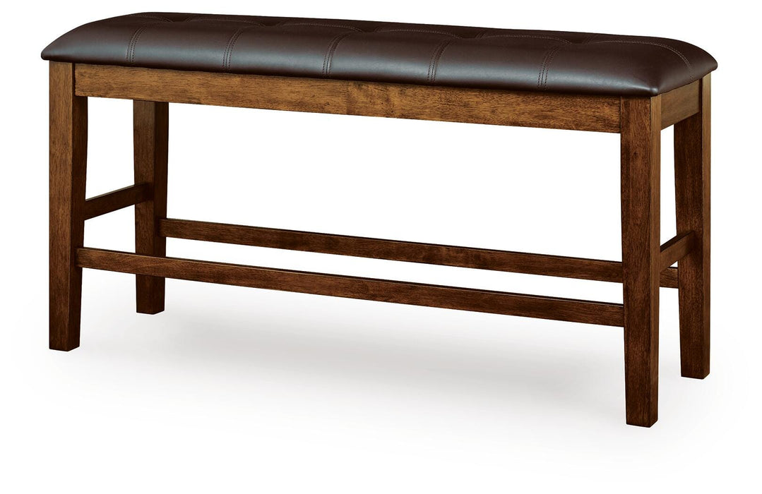 Ashley Furniture Ralene counter height dining bench with wooden seat and metal legs, shown from a side angle.