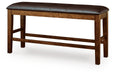 Ashley Furniture Ralene counter height dining bench with wooden seat and metal legs, shown from a side angle.