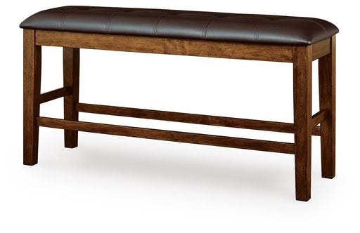 Ashley Furniture Ralene counter height dining bench with wooden seat and metal legs, shown from a side angle.
