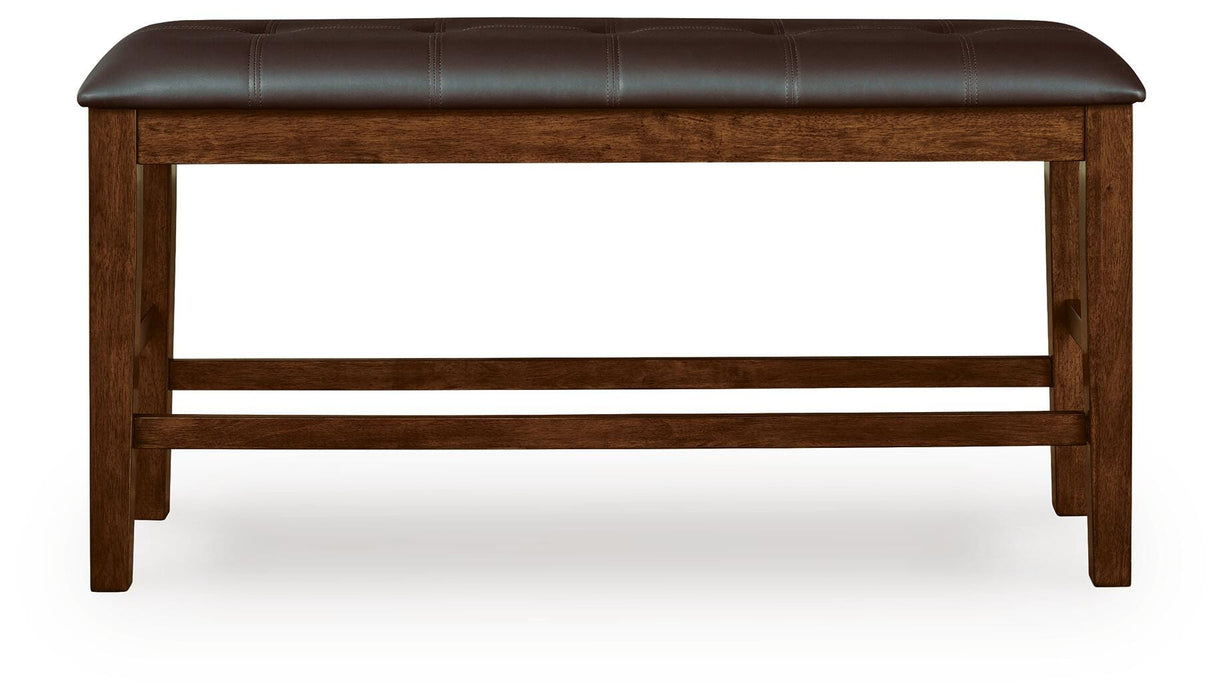 Ashley Furniture Ralene counter height dining bench with wooden legs and upholstered seat, shown from head-on angle.