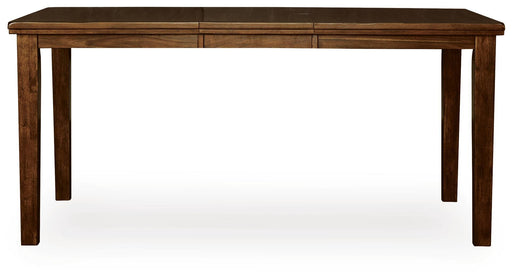 Ashley Furniture Ralene counter height dining extension table with a sleek wooden surface and sturdy legs, shown from the head-on view.