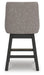 Ashley Furniture Neymorton counter height barstool with wooden legs and upholstered seat, shown from the back.