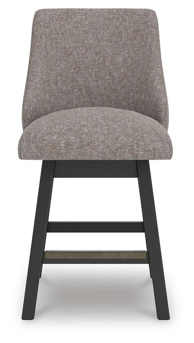 Ashley Furniture Neymorton counter height barstool with wooden legs and a cushioned seat, shown from a head-on perspective.