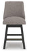 Ashley Furniture Neymorton counter height barstool with wooden legs and a cushioned seat, shown from a head-on perspective.