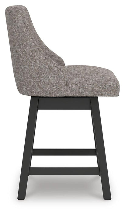 Ashley Furniture Neymorton counter height barstool with wooden seat and metal frame, shown from a side angle.