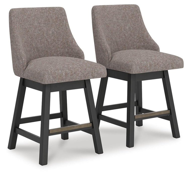 Ashley Furniture Neymorton counter height barstool with wooden legs and upholstered seat, angled view showing stylish design.