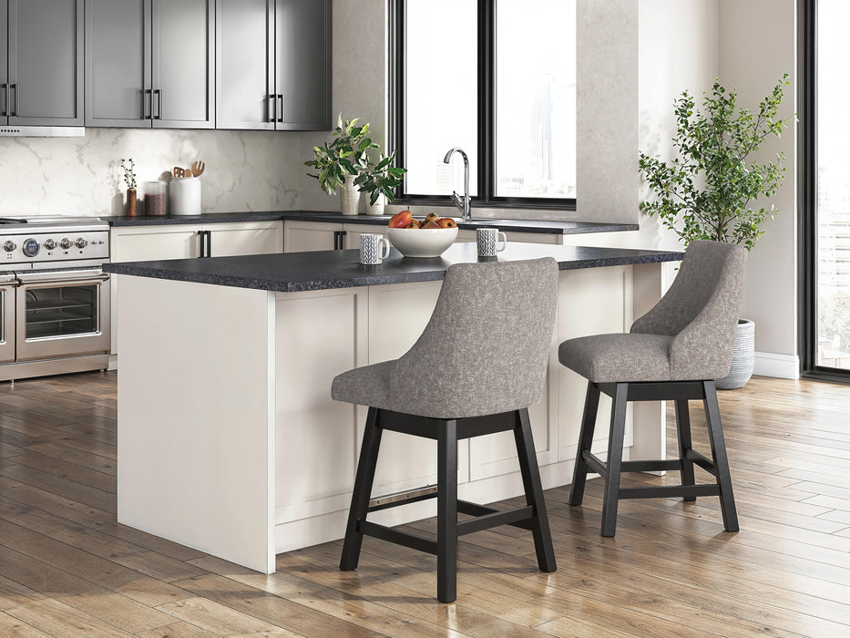 Ashley Furniture Neymorton counter height barstool with wooden legs and upholstered seat, shown from a front angle.