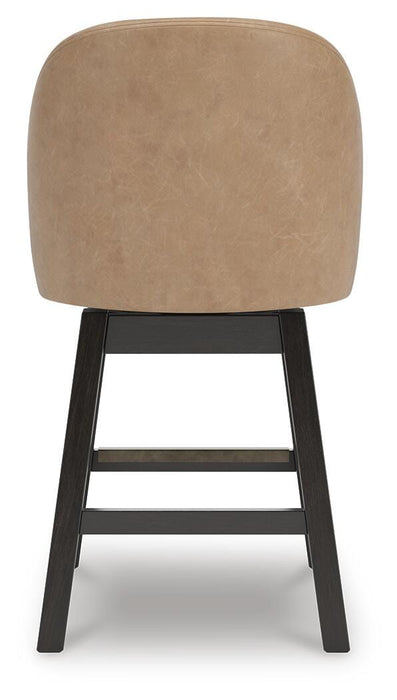Ashley Furniture Neymorton counter height barstool with upholstered back and wooden legs, shown from the back.
