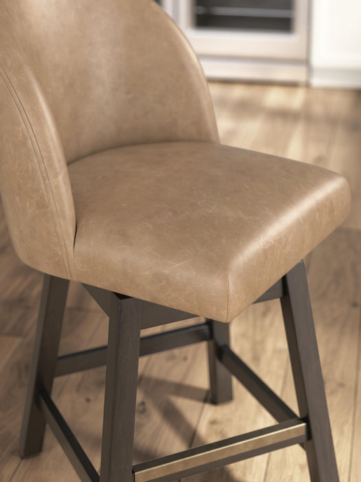 Ashley Furniture Neymorton counter height barstool with wooden seat and metal frame, shown in detail.
