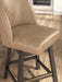 Ashley Furniture Neymorton counter height barstool with wooden seat and metal frame, shown in detail.