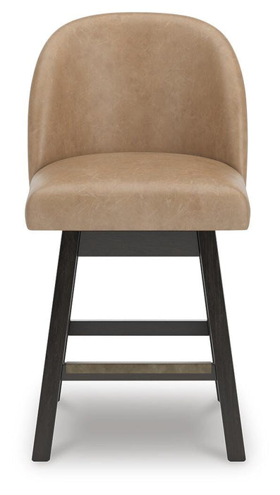 Ashley Furniture Neymorton counter height barstool with dark wood finish and cushioned seat, shown from front view.