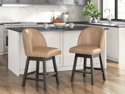 Ashley Furniture Neymorton counter height barstool with wooden legs and upholstered seat, shown from a side angle.