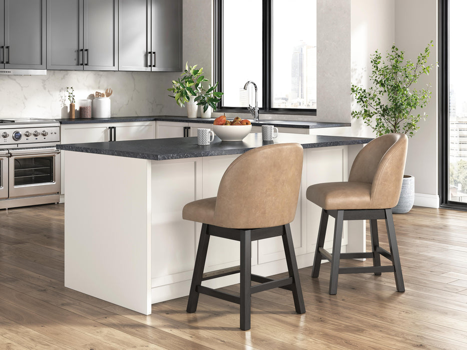 Ashley Furniture Neymorton counter height barstool with wooden legs and upholstered seat, shown from side view.
