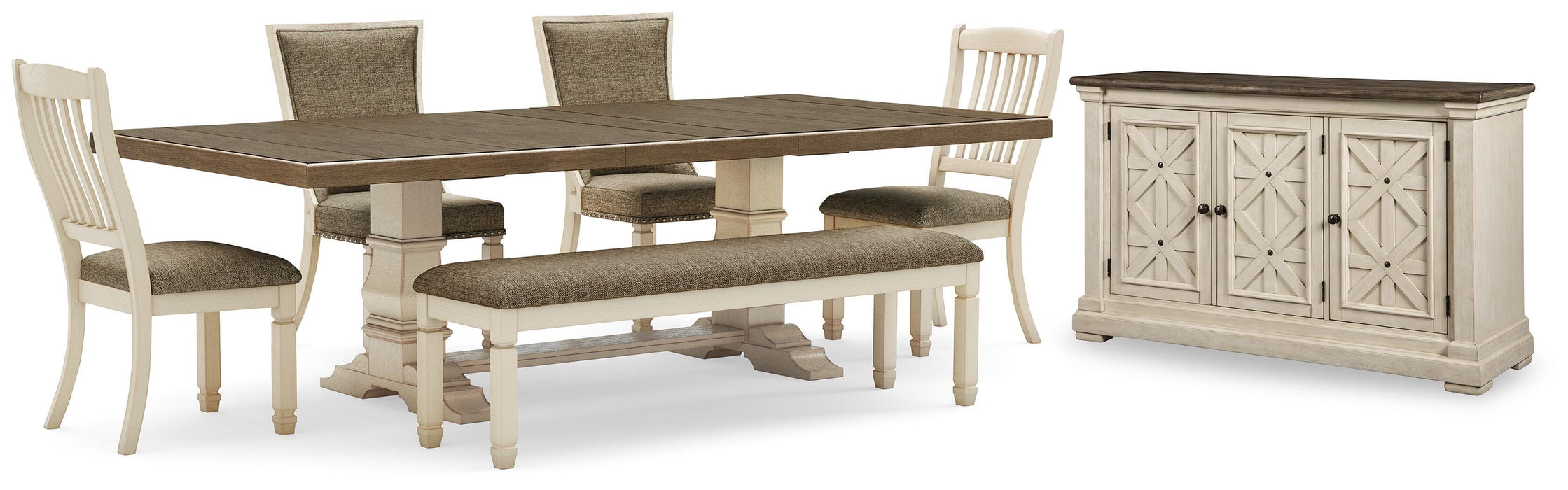 Ashley Furniture Bolanburg dining room set with a wooden table and six matching chairs, modern design with warm wood finish.