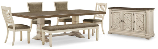 Ashley Furniture Bolanburg dining room set with a wooden table and six matching chairs, modern design with warm wood finish.