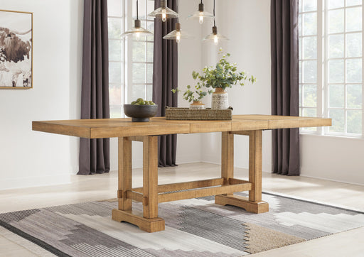 Ashley Furniture Havonplane dining room set with a wooden table and leaf-shaped extension, shown with matching chairs.