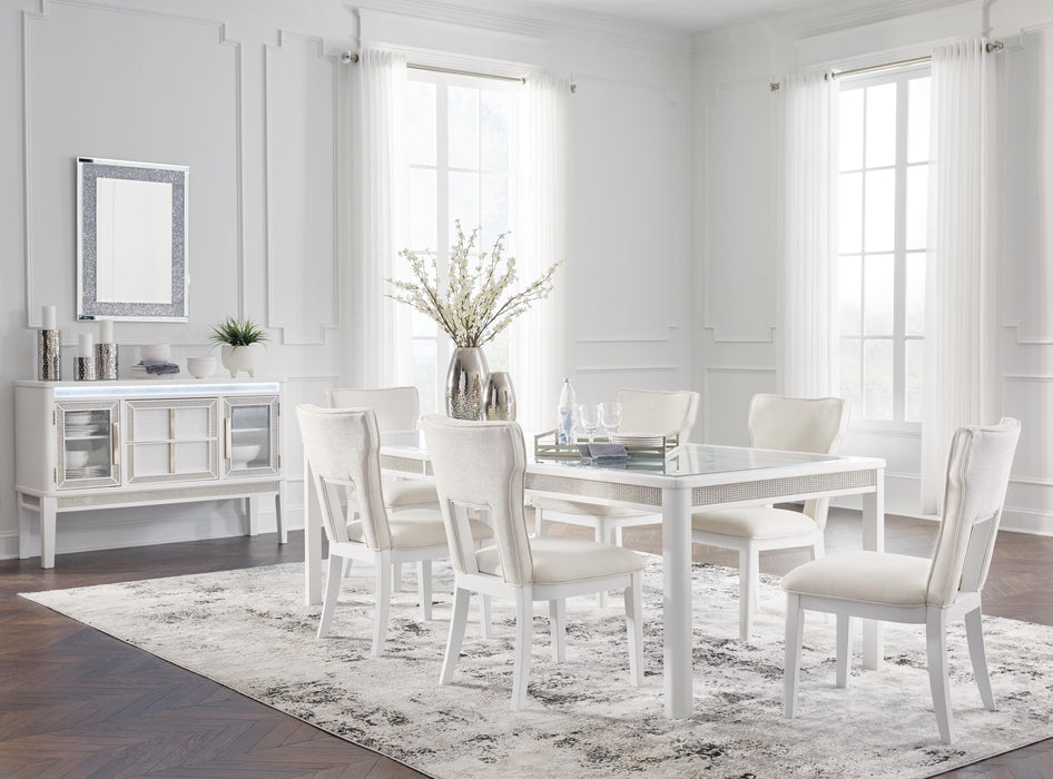 Ashley Furniture Chalanna dining room set with a wooden table and six matching chairs in a modern design.