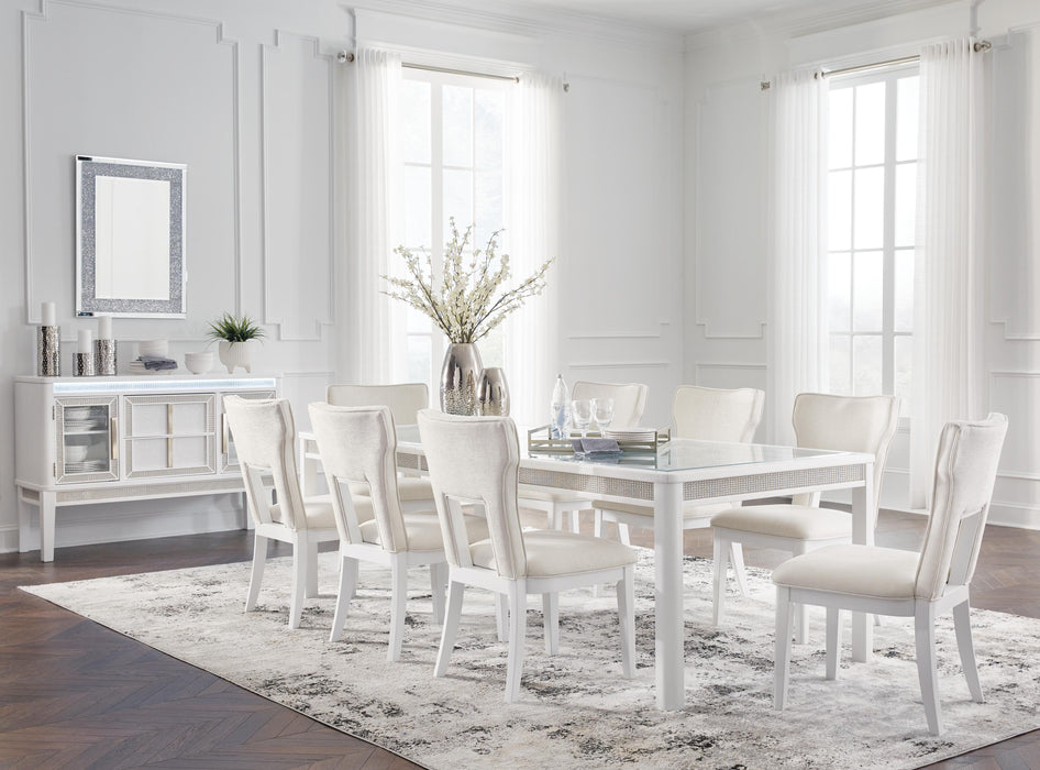 Ashley Furniture Chalanna dining room set with a wooden table and six matching chairs, stylish and modern design.