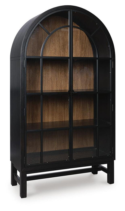 Ashley Furniture Greddinton display cabinet server with glass doors and wooden finish, shown from an angled closed view.