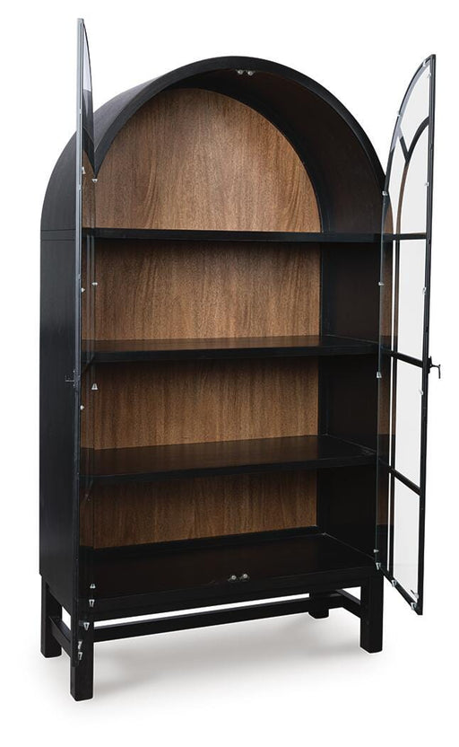 Open-angle view of the Ashley Furniture Greddinton Display Cabinet serving as a stylish server with glass doors and wooden shelves.