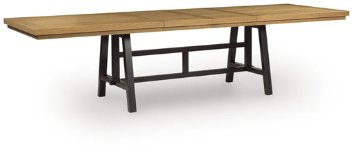 Ashley Furniture Galliden dining extension table with a sleek wood finish and adjustable leaf, shown from an angled side view.