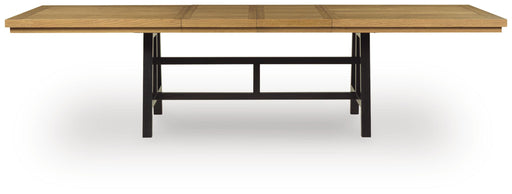 Ashley Furniture Galliden Dining Extension Table with leaf, showing a wood finish and modern design in a dining room setting.