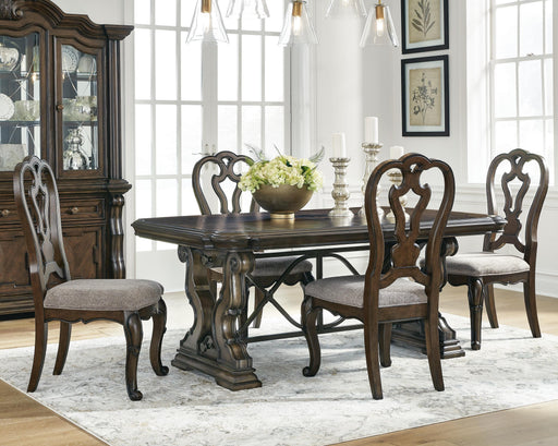Ashley Furniture Maylee dining room set with a rectangular table and six upholstered chairs in a modern design.