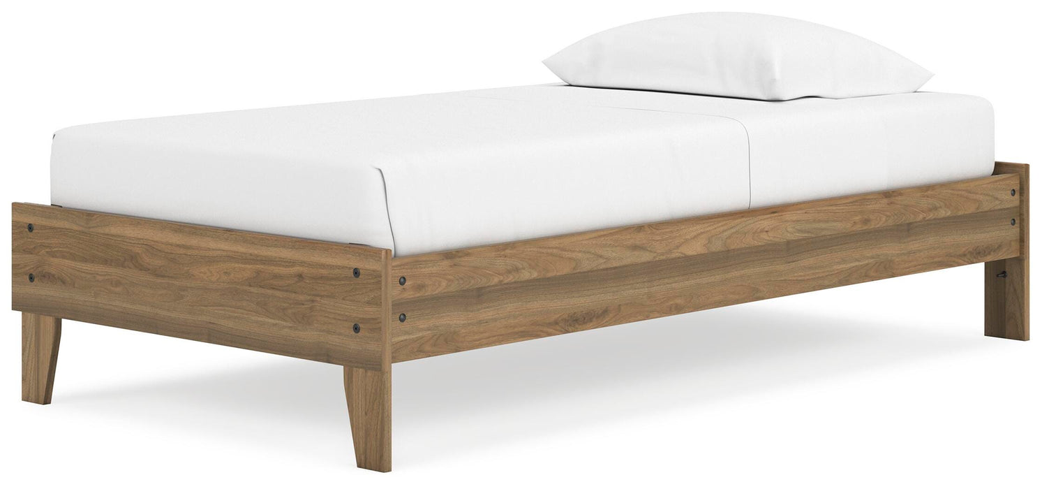Ashley Furniture Deanlow Bed with a wooden frame and modern design, shown from an angled view with a headboard and mattress.