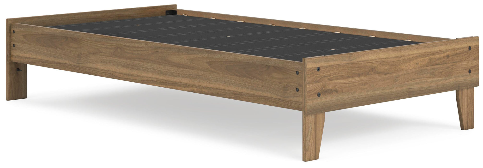 Ashley Furniture Deanlow Bed with wooden frame and modern design, shown from an angled view in a bedroom setting.