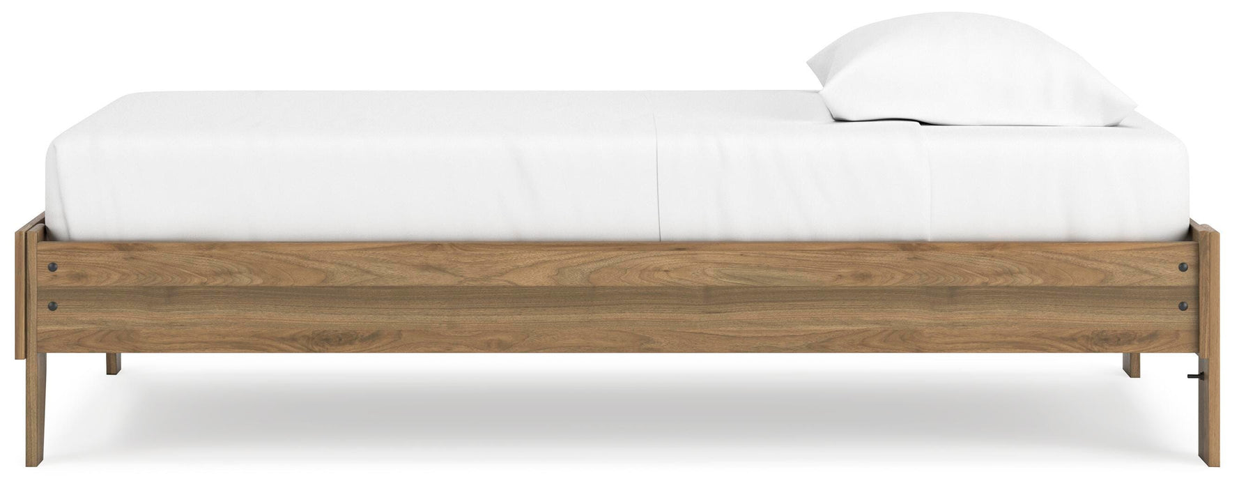Ashley Furniture Deanlow Bed with a sleek wooden frame and modern design, shown from a side angle in the image.