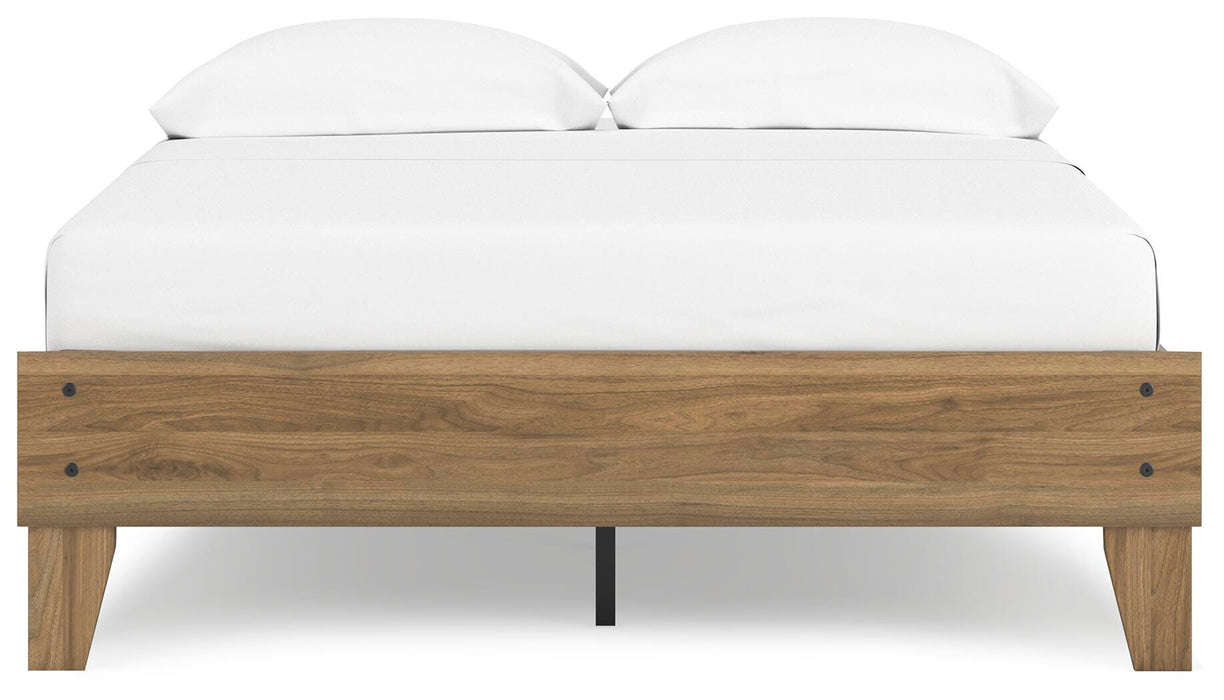 Ashley Furniture Deanlow Bed with a sleek headboard design, showcasing modern style and dark wood finish.